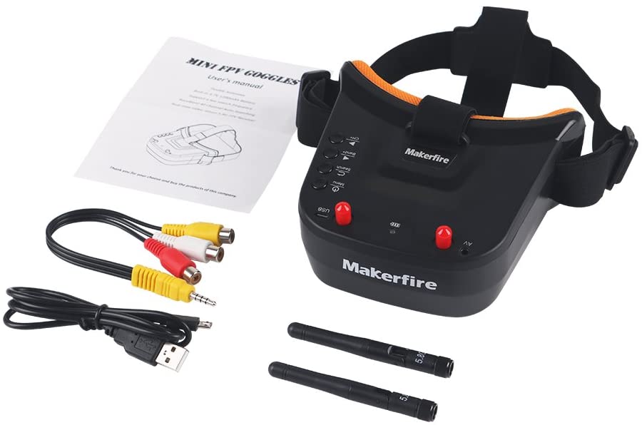 Makerfire 5.8Ghz Mini FPV Goggles 3 inch 40CH FPV Video Headset Glasses with Double RP-SMA Antenna and Handbag Built-in 1200mAh Battery for FPV Racing Drone Quadcopters Makerfire 5.8Ghz Mini FPV Goggles 3 inch 40CH FPV Video Headset Glasses with Double RP-SMA Antenna and Handbag Built-in 1200mAh Battery for FPV Racing Drone Quadcopters